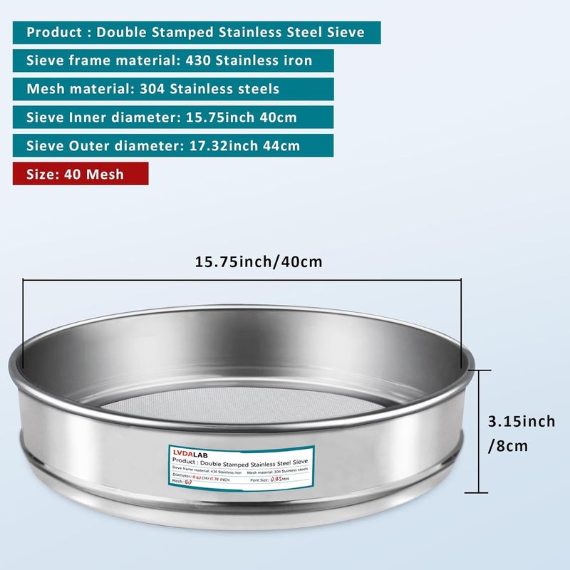 LVDALAB 304 Stainless Steel Lab Sieve Screen Mesh, 40 Mesh (0.45mm) Aperture Test Sieve, 15.75''(40cm) Diameter Economy Standard Analysis Sample Test Sieves for Industrial Laboratory Homes - Image 2